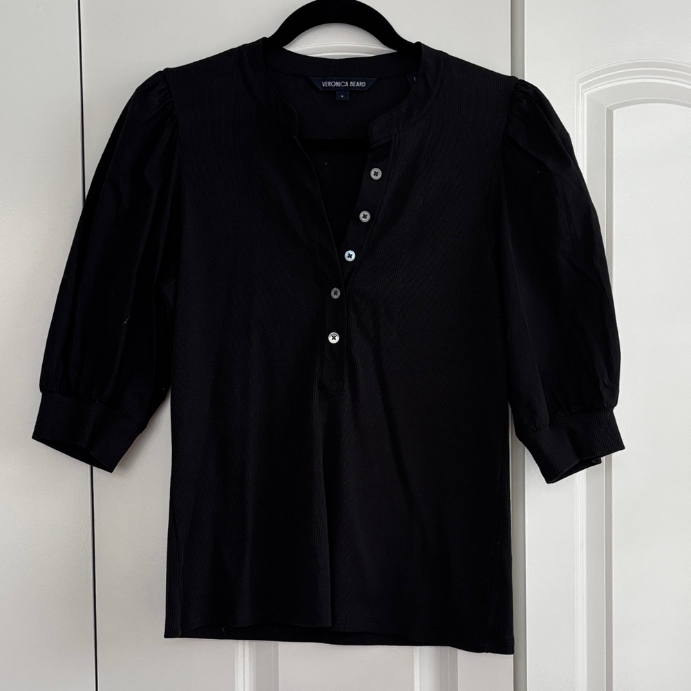 Veronica Beard Black Coralee Puff Sleeve Top